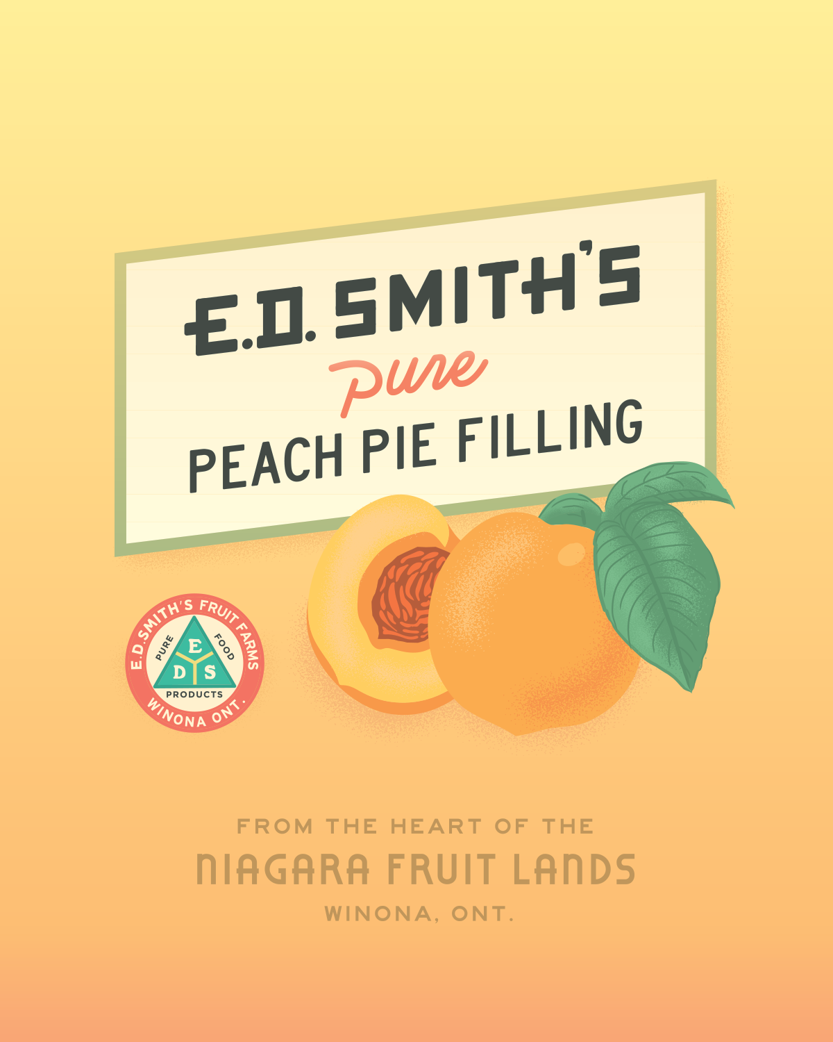Poster featuring E.D. Smith's Pure Peach Pie Filling, an image of a peach, and the text "From the heart of the Niagara fruit lands, Winona, Ont"
